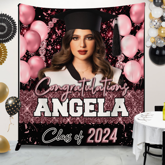 Custom Glitter Balloon Congrats Class Of 2024 Graduation Backdrop, Graduation Party Decorations