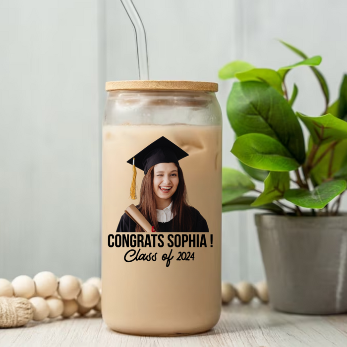 Custom Photo Glass Bottle/Frosted Bottle With Lid & Straw - Graduation Gift - Class Of 2024 Senior Retro Gift