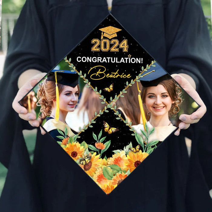 Personalized 2 Photos Floral Class Of 2024 Photo Graduation Cap Topper, Graduation Keepsake Gift