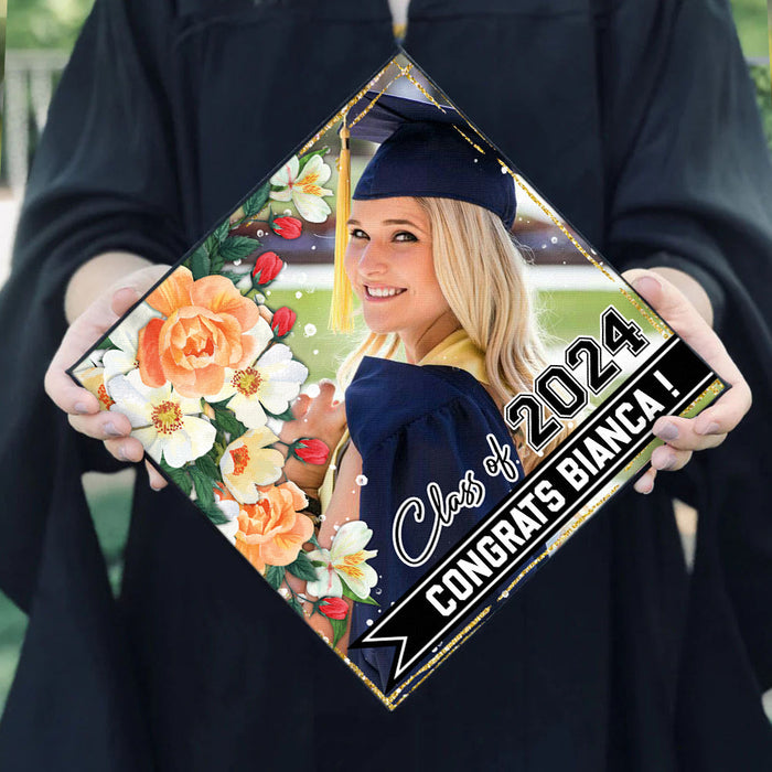 Personalized Proud Photo Floral Class Of 2024 Graduation Cap Topper, Graduation Keepsake Gift