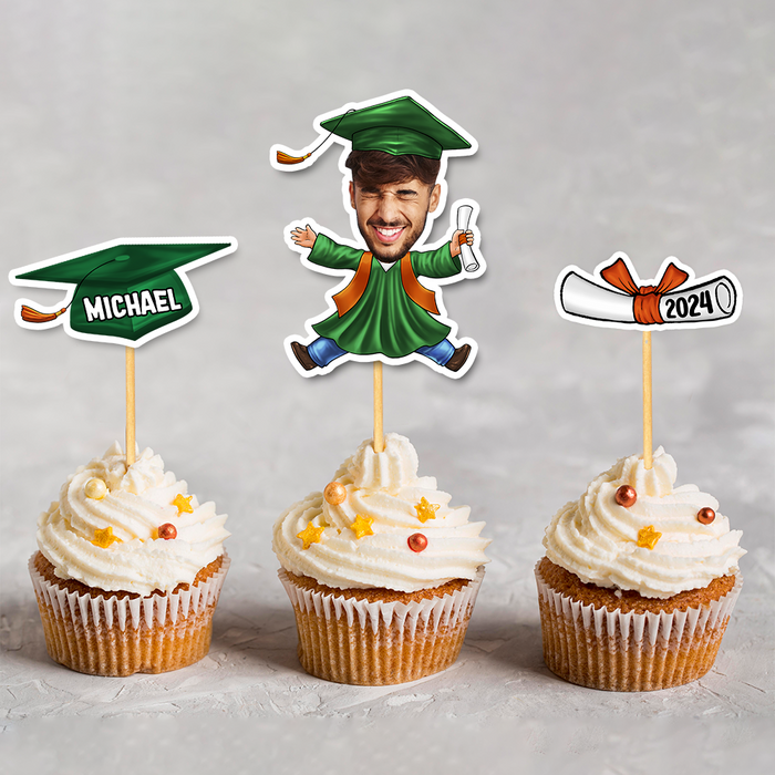 Custom Set Of 3 Designs Face Cupcake Toppers, Graduation Party Decorations