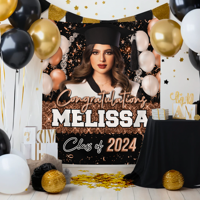 Custom Glitter Balloon Congrats Class Of 2024 Graduation Backdrop, Graduation Party Decorations