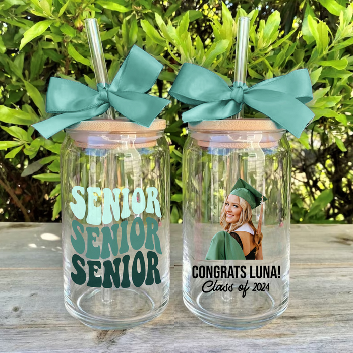 Custom Photo Glass Bottle/Frosted Bottle With Lid & Straw - Graduation Gift - Class Of 2024 Senior Retro Gift