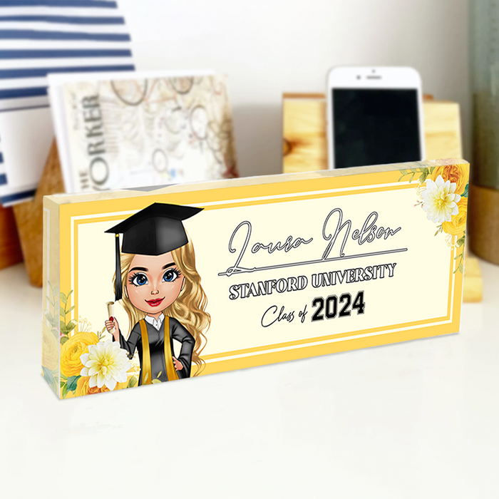 Personalized Acrylic Name Plate For Desk - Gift For 2024 Senior - Proud Graduation Floral Keepsake Gift