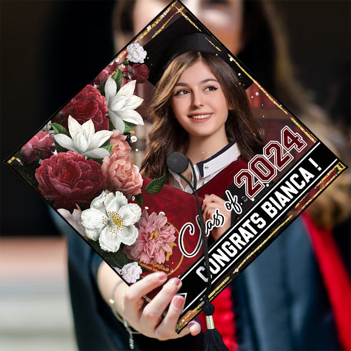 Personalized Proud Photo Floral Class Of 2024 Graduation Cap Topper, Graduation Keepsake Gift