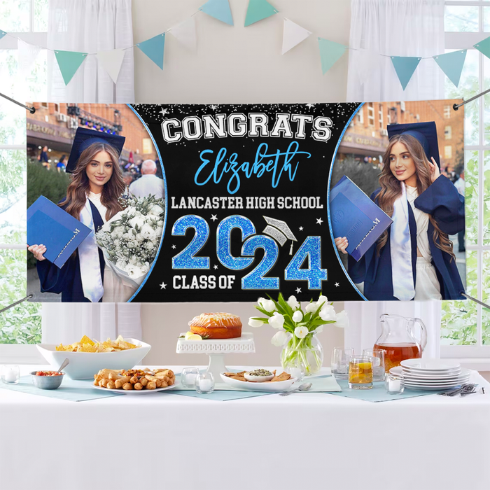 Personalized Banner - Graduation Decor Gift - 2 Photos Congrats 2024 Graduate