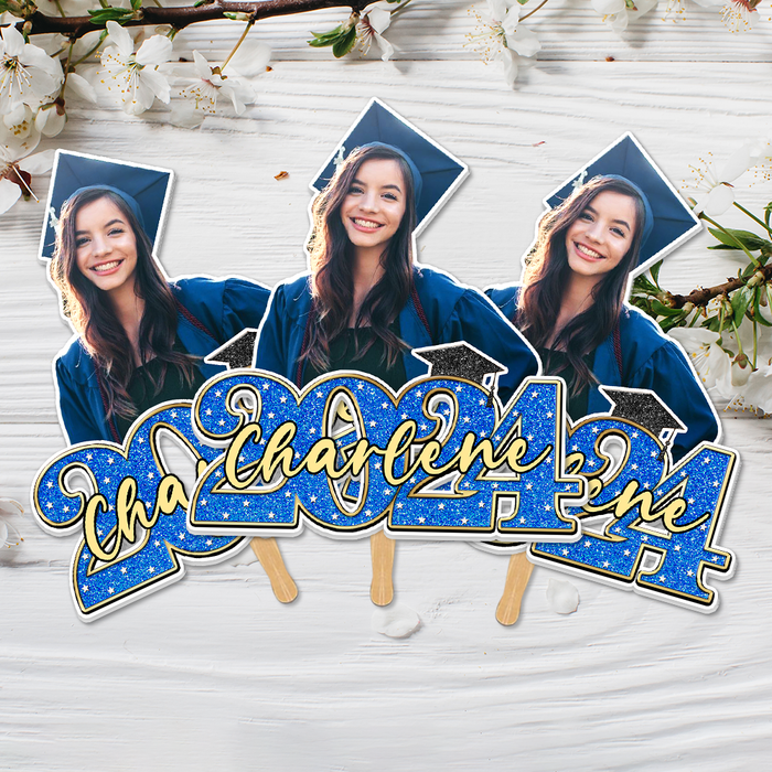 Personalized Face Fans With Wooden Handle - Graduation Keepsake Gift - Colorful Glitter Senior Photo Class Of 2024