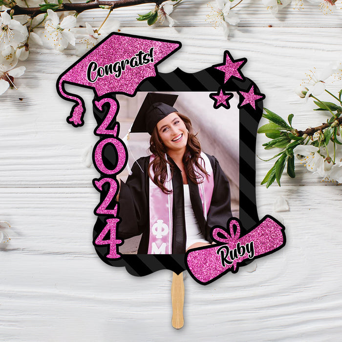 Custom Congrats 2024 With Name Photo Graduation Face Fans With Wooden Handle, Gift For Graduation Party