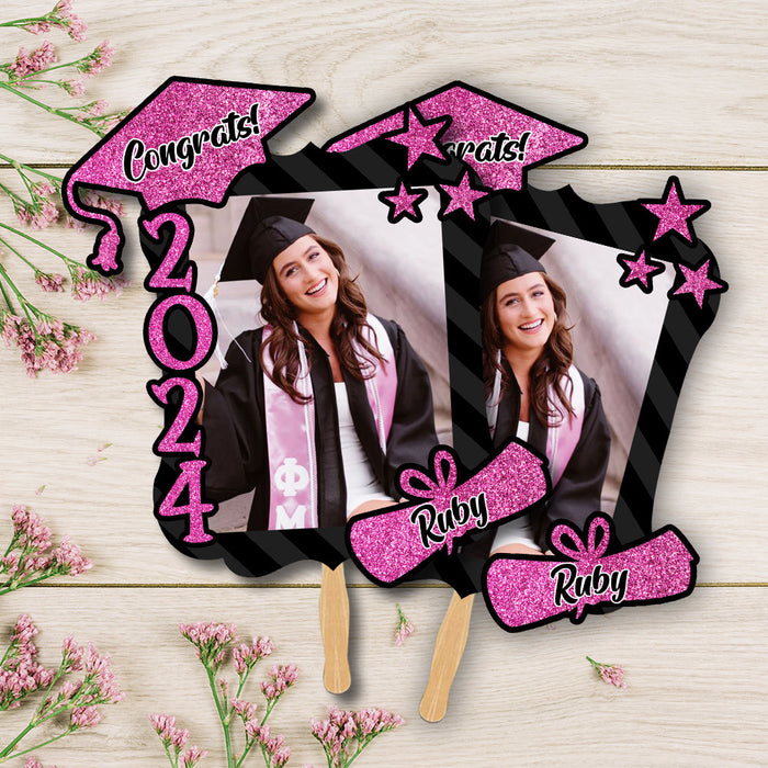 Custom Congrats 2024 With Name Photo Graduation Face Fans With Wooden Handle, Gift For Graduation Party