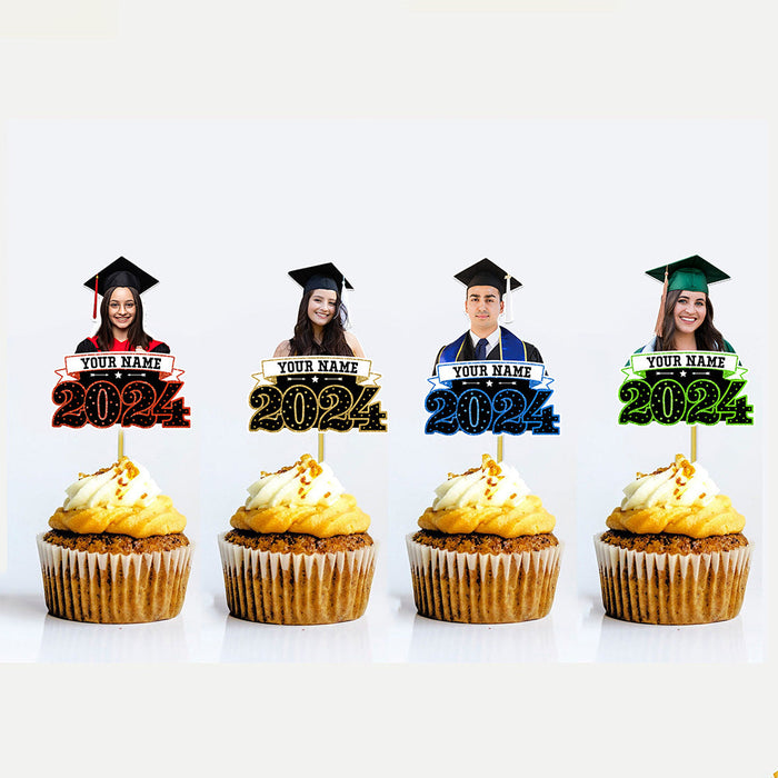 Custom Face With Name 2024 Photo Graduation Cupcake Toppers, Graduation Party Decorations