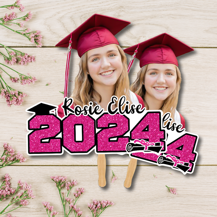 Custom Glitter 2024 Photo Graduation Face Fans With Wooden Handle, Gift For Graduation Party