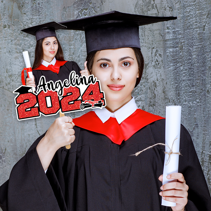 Custom Glitter 2024 Photo Graduation Face Fans With Wooden Handle, Gift For Graduation Party