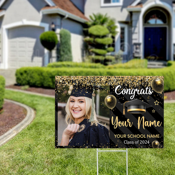 Custom Photo Congratulations Black & Gold Graduation Lawn Sign, Graduation Decorations