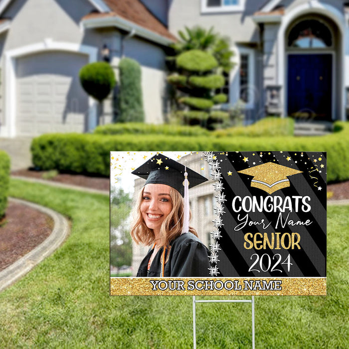 Personalized 2024 Senior Photo Multicolor Glitter Yard Sign With Stake, Proud Graduation Decoration Gift